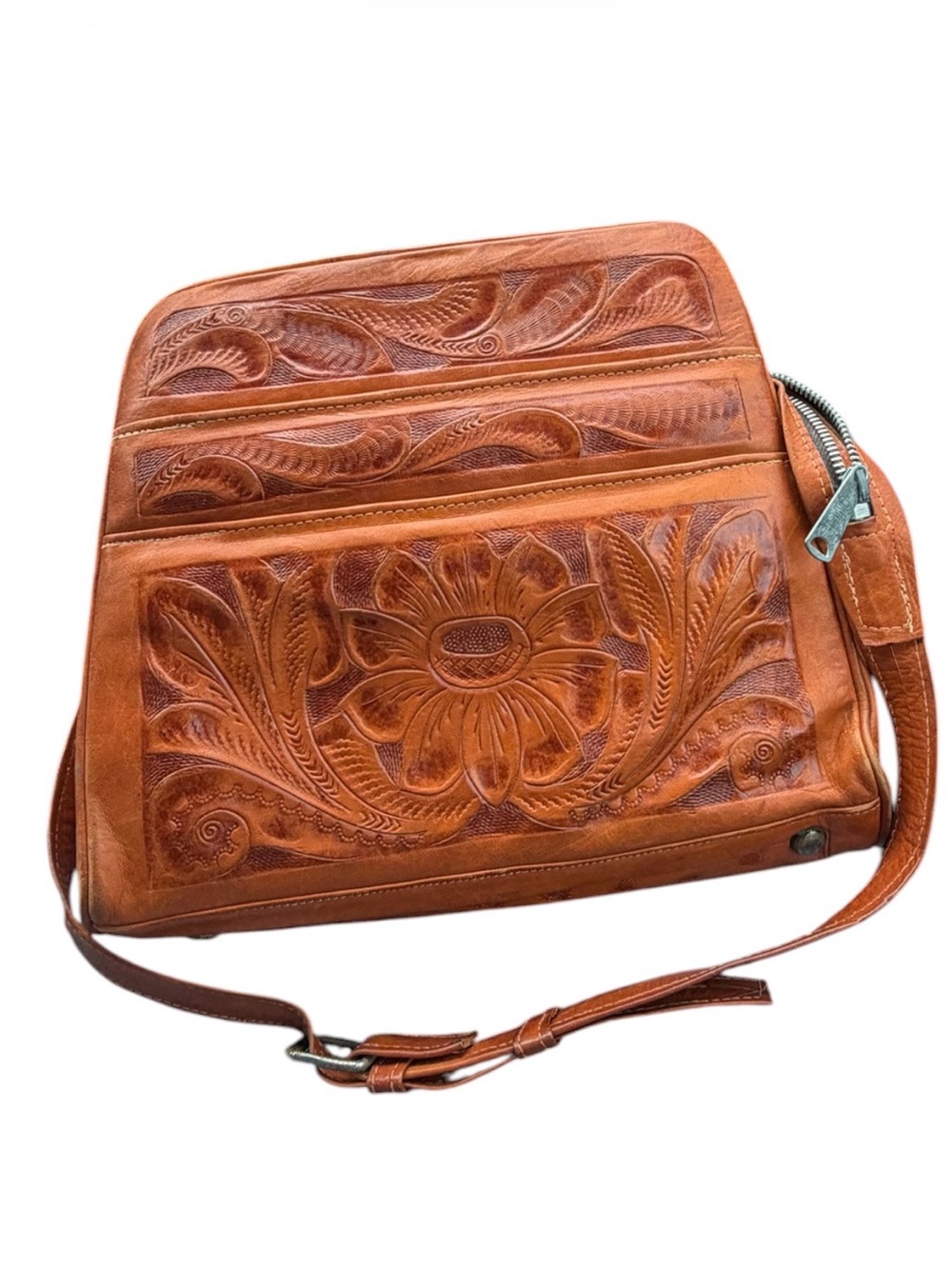 Vintage Hand-Tooled Leather Crossbody Bag - Tan